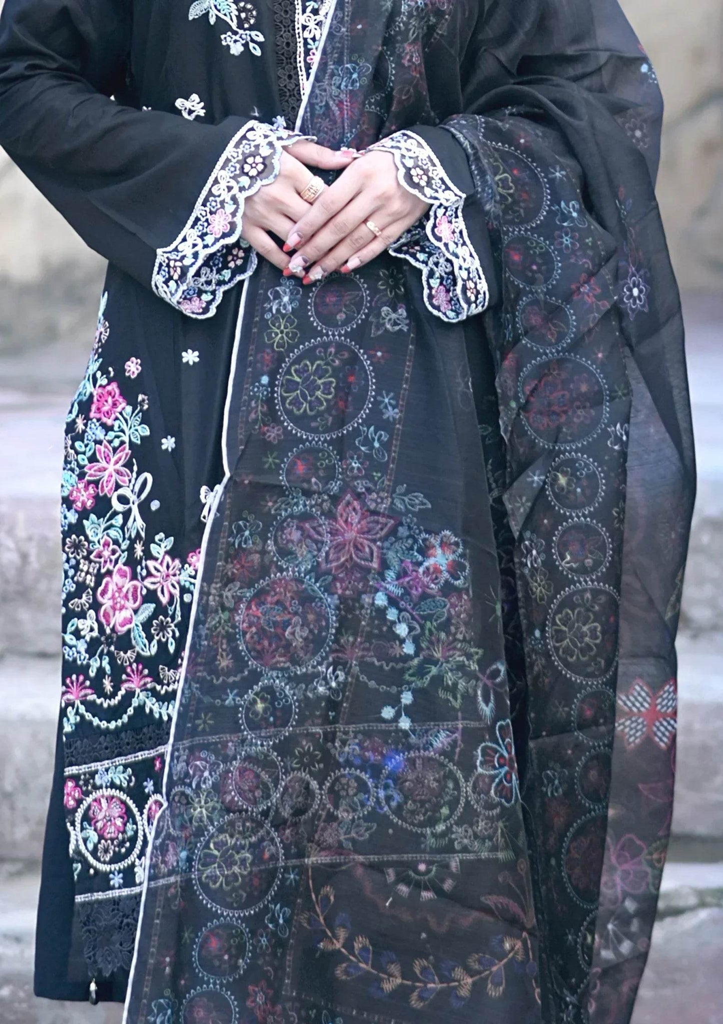 Noir Blossom 3-Piece Stitched Suit - Layaal