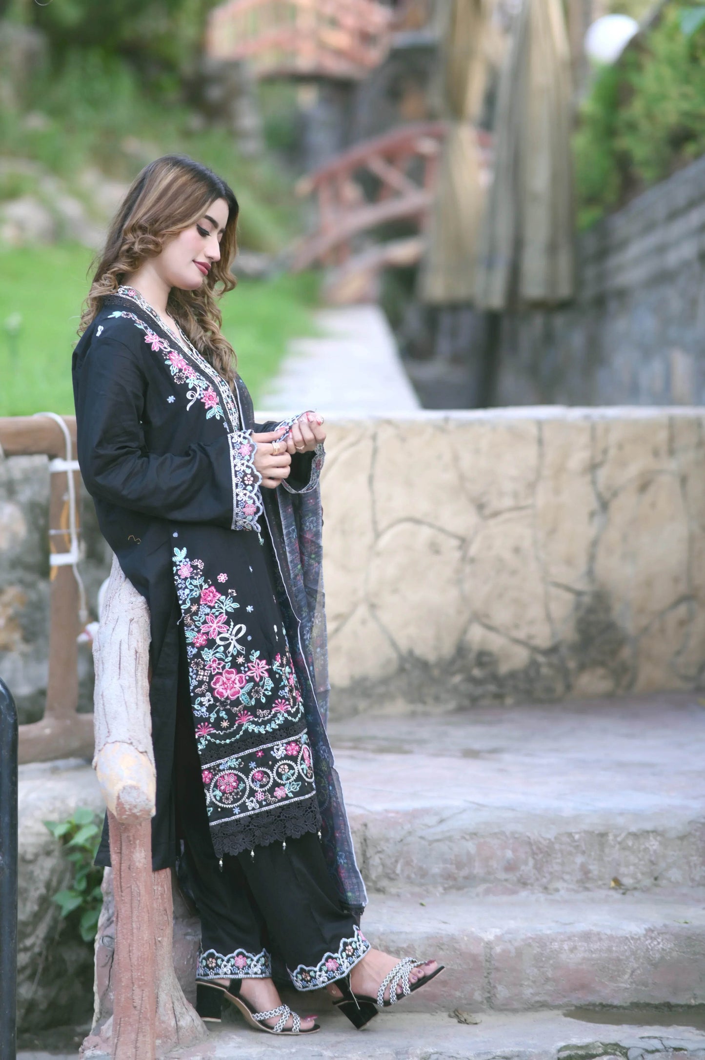 Noir Blossom 3-Piece Stitched Suit - Layaal