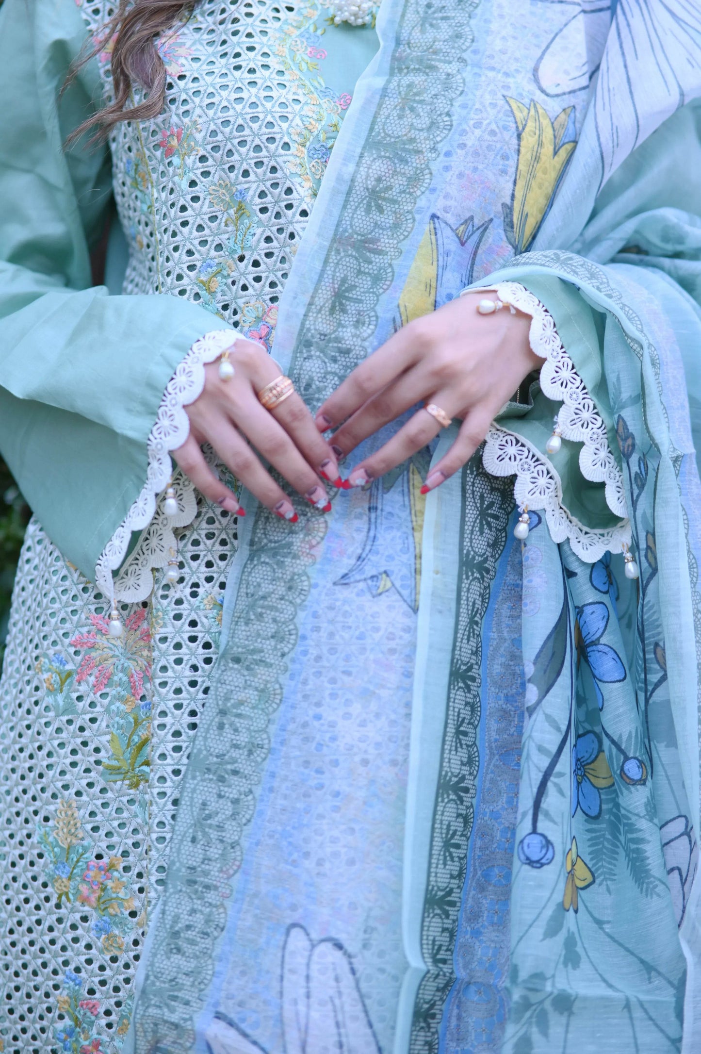 Mint Bloom 3-Piece Stitched Suit - Layaal