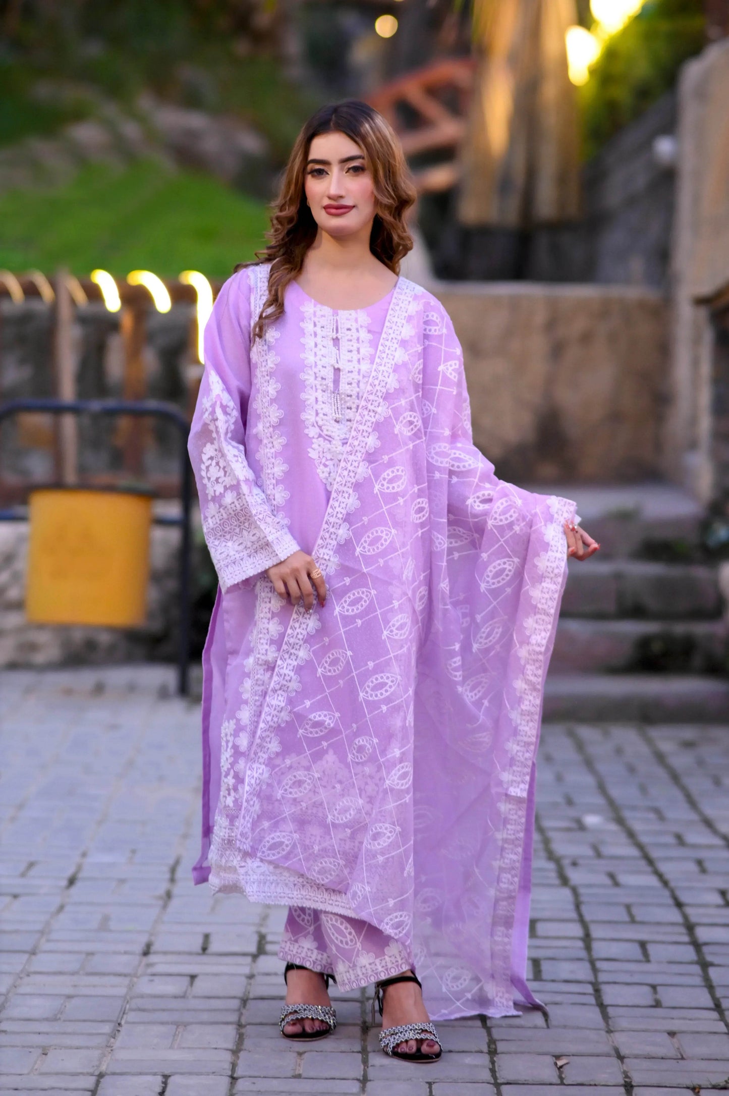 Lavender Lace 3-Piece Stitched Suit - Layaal