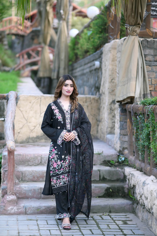 Noir Blossom 3-Piece Stitched Suit - Layaal