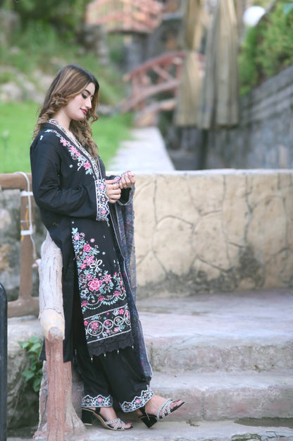 Noir Blossom 3-Piece Stitched Suit - Layaal