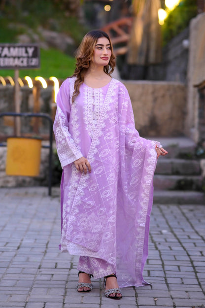 Lavender Lace 3-Piece Stitched Suit - Layaal