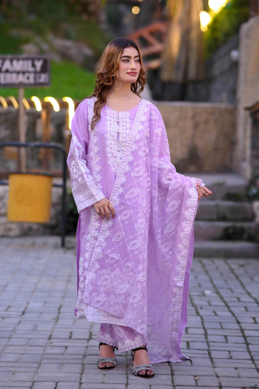 Lavender Lace 3-Piece Stitched Suit - Layaal