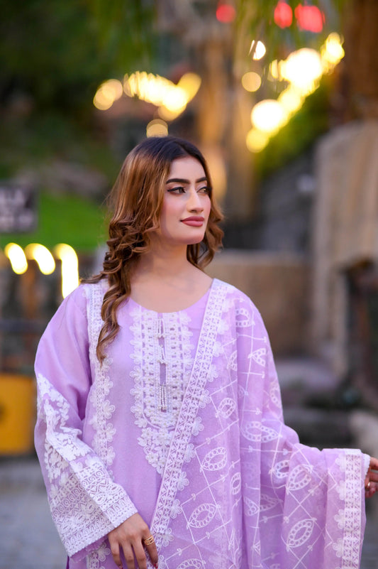 Lavender Lace 3-Piece Stitched Suit - Layaal