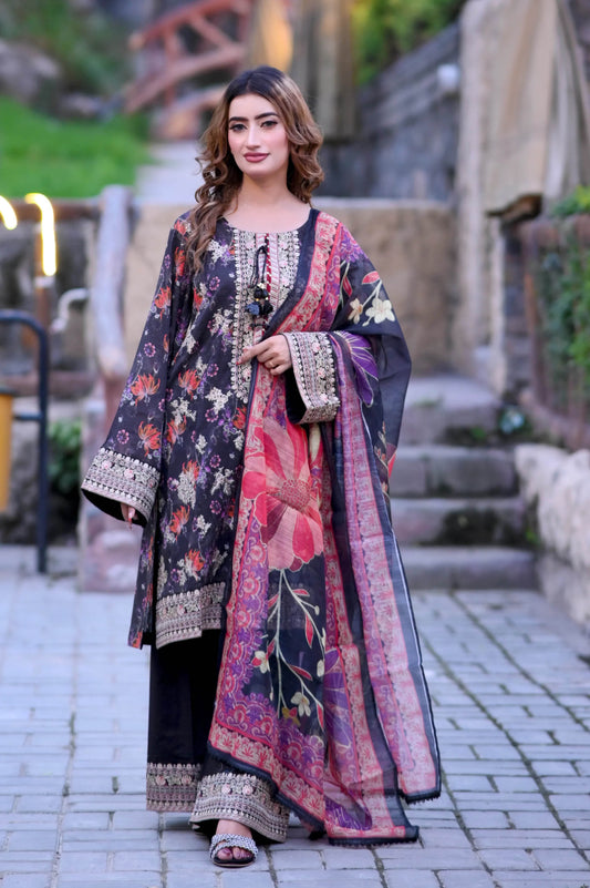 Black Bloom 3-Piece Stitched Suit - Layaal
