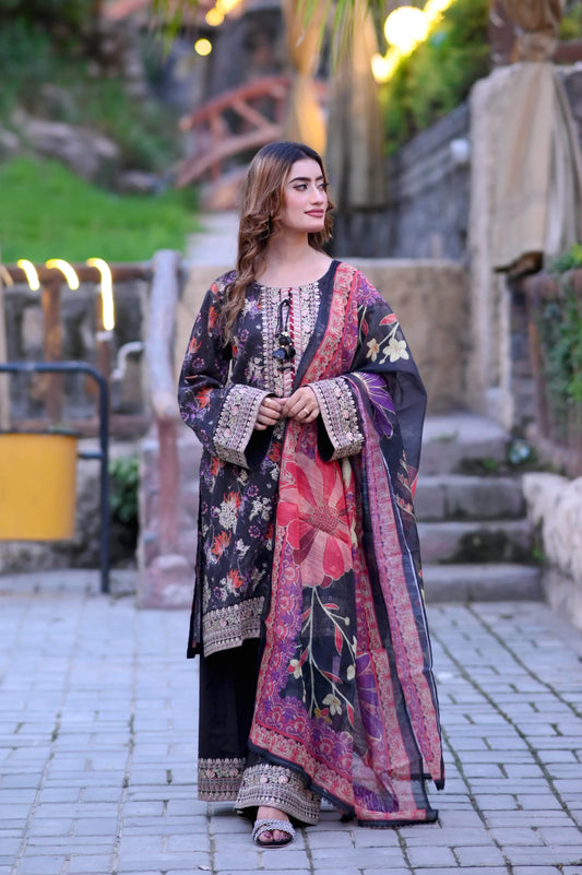 Black Bloom 3-Piece Stitched Suit - Layaal