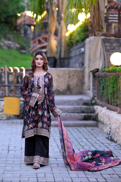 Black Bloom 3-Piece Stitched Suit - Layaal